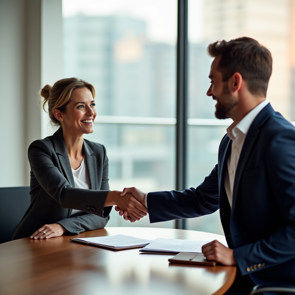 Two business professionals shaking hands across a conference table in a well-lit modern meeting room, establishing a professional partnership