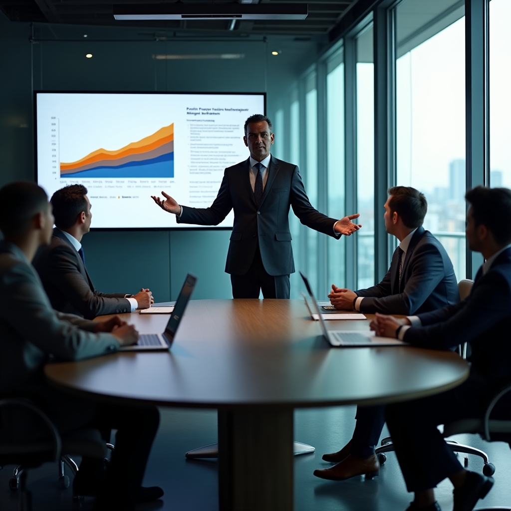 Consultant presenting profit margin concepts to a sales team in a modern conference room