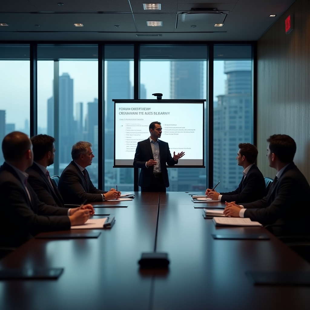 A senior manager presenting a development program proposal to a group of sales team leaders in a modern boardroom setting, with a projector screen visible