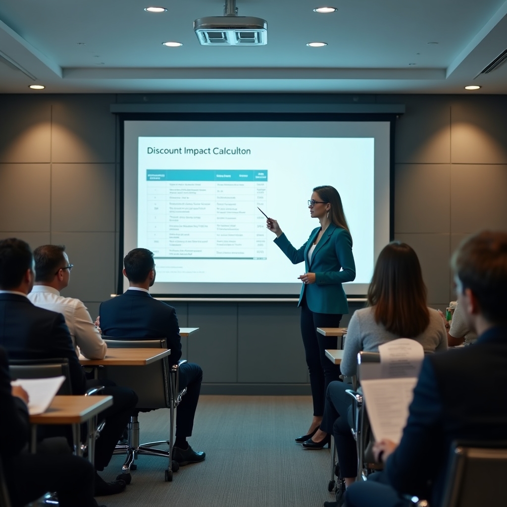 A consultant leading an educational workshop with a group of sales professionals in a corporate training room, using a projected presentation showing margin calculations