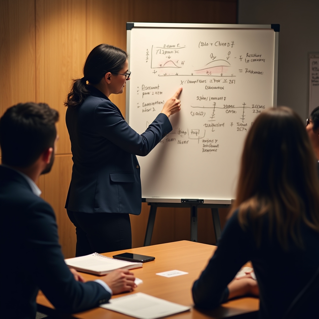 Workshop facilitator engaging with sales representatives around a conference table, reviewing financial concepts