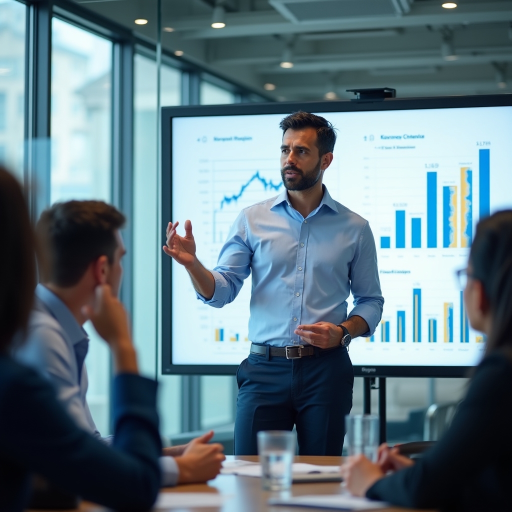 A sales representative in a formal shirt presenting to two colleagues in a modern office, with financial charts displayed on a large screen behind them