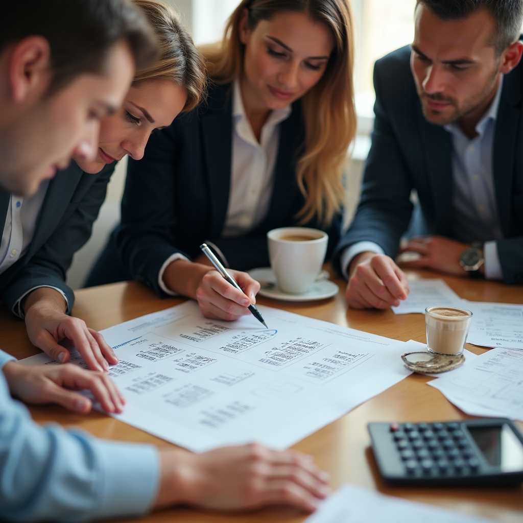 Small group of sales representatives working together around a table with printed worksheets showing financial calculations, engaged in active discussion