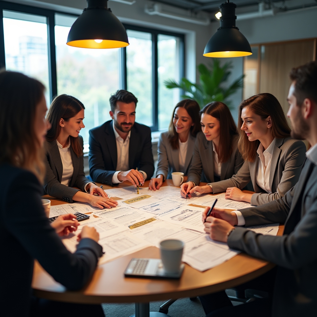 Sales team engaged in a group financial discussion exercise during a workshop, reviewing printed margin analysis sheets