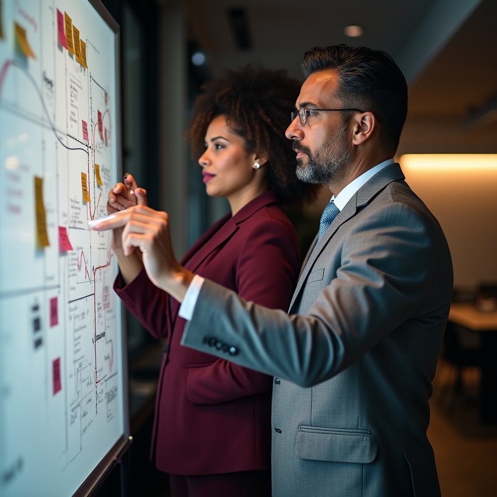 Two professionals collaborating at a whiteboard covered in financial diagrams, in a bright modern office